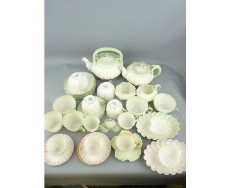 BELLEEK CHINA - a fine assemblage of forty pieces of tea, coffee and decorative ware including a four piece green tinted tea 