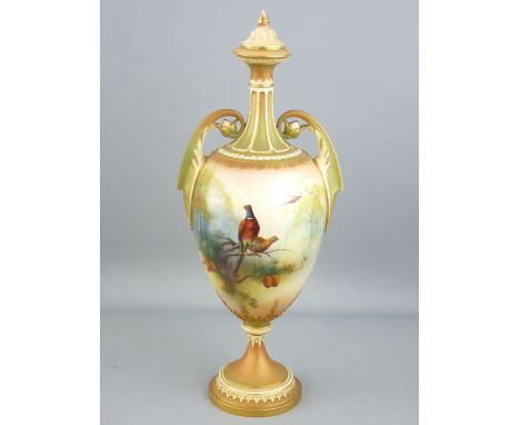 ROYAL WORCESTER - fine glazed twin-handled narrow necked pedestal vase with painted scenes of pheasants by A F Lewis, 1908, 3