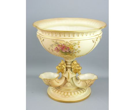 ROYAL WORCESTER - fine circular floral blush vase on an elaborate triple mask and horn pedestal with circular base, 1908, 22c
