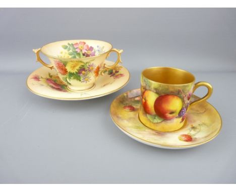 ROYAL WORCESTER - glazed cup and saucer, the cup decorated with apples and blackberries, painted by W Hale, with gilt interio
