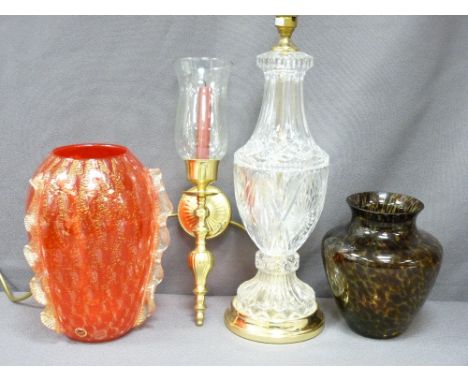 MURANO RED &amp; GOLD FLECK ART FORM VASE &amp; ONE OTHER, a glass table lamp and shade and a brass wall-mount candle scrolls