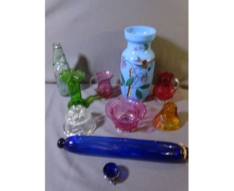 CRANBERRY GLASSWARE, a milk glass vase and a glass rolling pin ETC