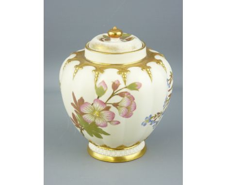 ROYAL WORCESTER - a globular floral decorated blush bowl on a shallow gilt rimmed pedestal with cover and marked at the base 