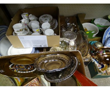 TWO BOXES OF EP &amp; OTHER METALWARE, glassware, playing cards, a board game, vintage and other decorative tins, mixed selec