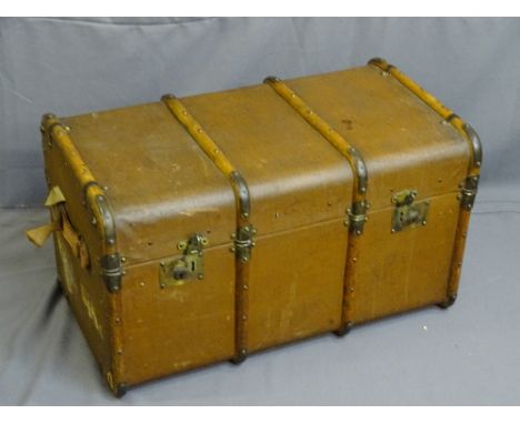 VINTAGE WOOD &amp; METAL BANDED TRAVEL TRUNK, 46.5cms height, 82cms width, 48cms depth
