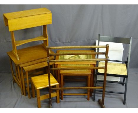 PARCEL OF VINTAGE &amp; MID CENTURY FURNITURE including a tile top set of three side tables and one other, small twin-flap ta