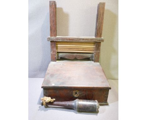 AN UNUSUAL SLOPE FRONT OAK BOX and a vintage tipstaff, the box top section with crimping/holding rod press, possibly relating