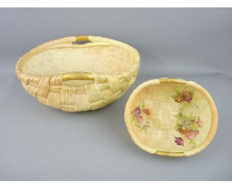 ROYAL WORCESTER - near circular shallow twin-handled basket weave bowl by Grainger, 9cms height, 23cms diameter and a similar