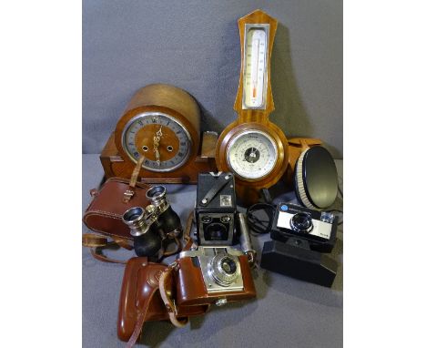 POLISHED MANTEL CLOCK, barometer, Kodak Brownie box camera and similar items