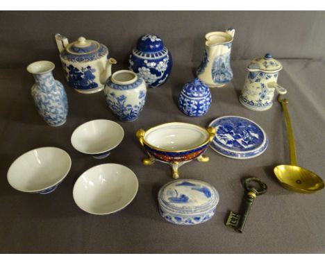 PARCEL OF MIXED BLUE POTTERY &amp; CHINA, a long handled brass ladle and a reproduction metallic large key