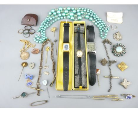 COLLECTION OF VINTAGE &amp; LATER JEWELLERY, STICK PINS &amp; WATCHES including a 9ct gold cased ladies' wrist watch with lea