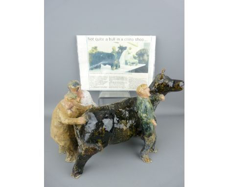 MYFANWY KITCHIN CERAMIC SCULPTURE, a bull and it's three handlers Provenance:  Extract from the Cambrian News December 2002 r