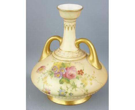 ROYAL WORCESTER - onion shaped floral blush twin handled vase dated for 1950, 18cms height NOTE:  INTENDING PURCHASERS MAY WI