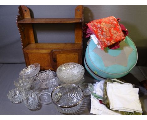 MIXED LINEN, a parcel of quality glassware, a hanging wall rack and vintage pouffe