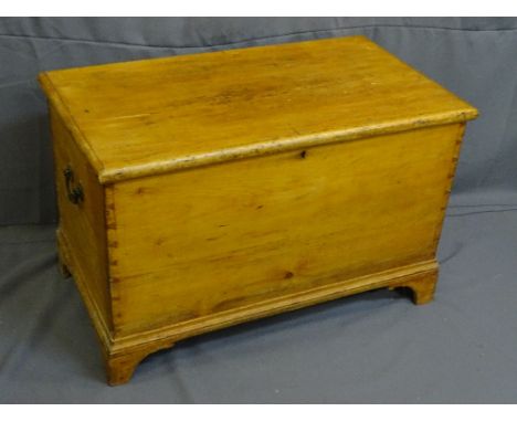 VINTAGE STRIPPED PINE CAPTAIN'S CHEST with iron carry handles on corner bracket feet, 53.5cms height, 84cms width, 47cms dept