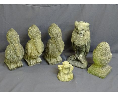 SIX RECONSTITUTED STONE GARDEN ORNAMENTS including three matching birds and a standing owl, a cone type finial, a later model