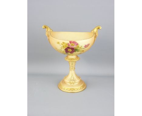 ROYAL WORCESTER - blush oval twin handled bowl with floral decoration on a shaped pedestal with circular base, 1910, 20cms he