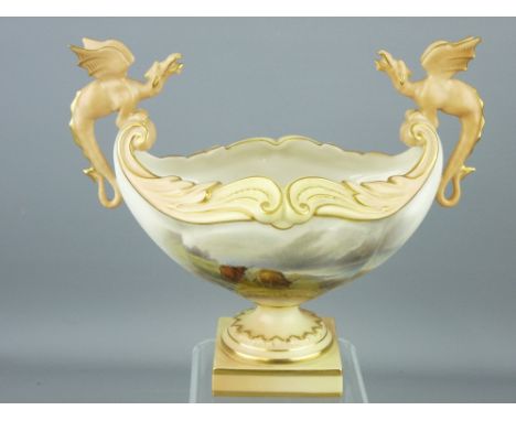 ROYAL WORCESTER HIGHLAND CATTLE PAINTED PEDESTAL BOWL, by J Stinton, shape No 953 with dragon handles (one wing chipped), 17.