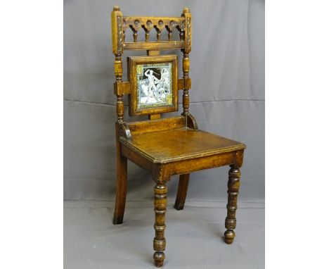 VICTORIAN OAK HALL CHAIR with Minton tile back insert, designed by Moyr Smith, approximately 20cms sq