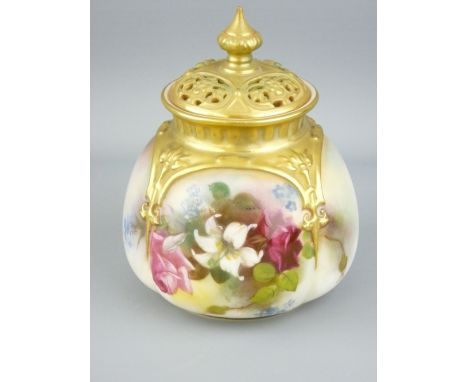 ROYAL WORCESTER - a glazed circular bowl of slightly tapered form with gilt neck and pierced and knopped lid and with painted