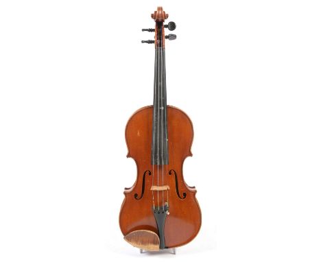 A Violin labelled Nicolaus Monavani, with two-piece flamed back and rims, light amber varnish, length of back 35.7cms, cased.