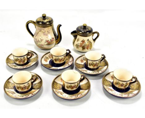 A Japanese Meiji period Satsuma tea service comprising teapot, lidded jug, six cups and six saucers, each decorated with figu