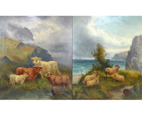 CEDRIC GRAY (British, late 19th/early 20th century); two oils on canvas, the first depicting Highland cattle in mountainous l