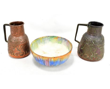 CLARICE CLIFF FOR WILKINSON LTD; a 'Delecia' drip glazed bowl, marked to base, diameter 21.7cm (af), and two Eastern copper j