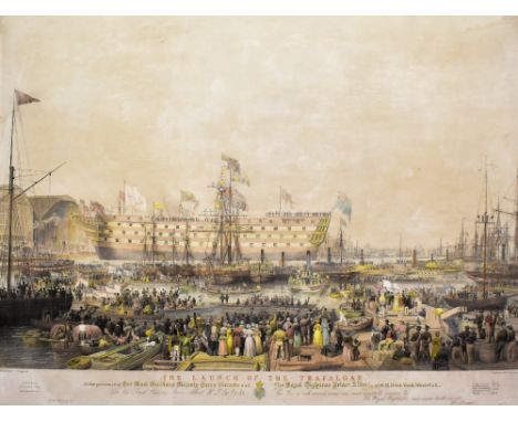 AFTER RANWELL; a lithograph by Picken, 'The Launch of The Trafalgar', published 1842, 53.5 x 76cm, framed and glazed.