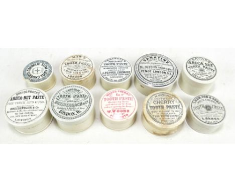 Ten Victorian ceramic circular toothpaste jars and covers with varied transferred detail (10).Additional InformationVaried we