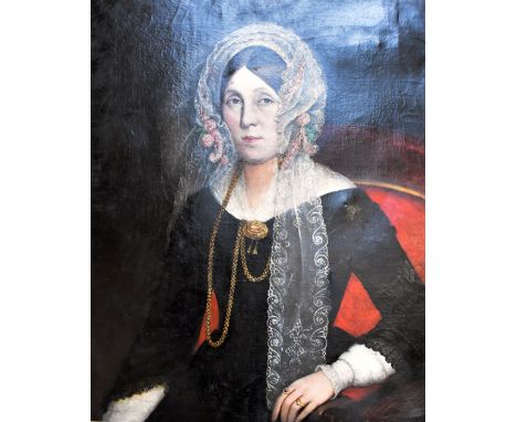 19TH CENTURY ENGLISH SCHOOL; oil on canvas, portrait study of a woman wearing gold muff chain and floral adorned lace head sc