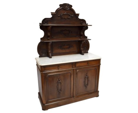 An early 20th century marble topped sideboard with two tiered shelf above two frieze drawers and twin cupboard doors, width 1