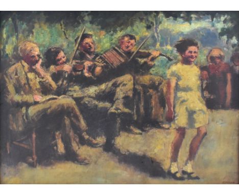 WILLIAM CONOR OBE RHA RUA ROI (Irish, 1881-1968); oil on board, 'At The Feis', a young girl dancing a jig in front of fiddler