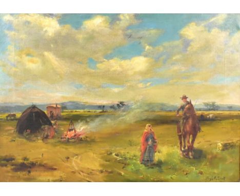 HUGH BERRY SCOTT (1854-1940); oil on canvas, rural landscape with gentleman on horseback and lady to foreground and further f