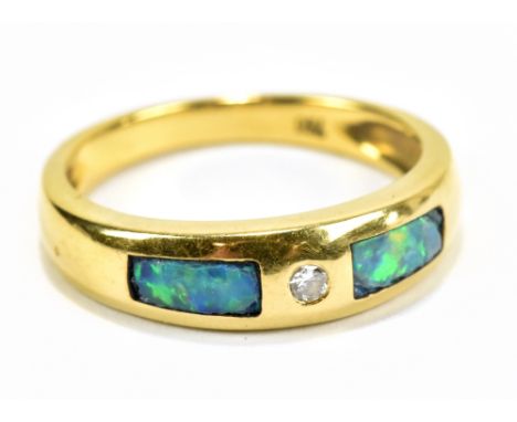 An 18ct yellow gold single stone diamond and opal panel set ring, size M 1/2, approx 3.8g.Additional InformationStamped 750. 