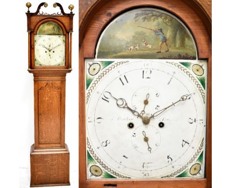 J. RANKIN; a 19th century oak cased longcase clock, the painted dial with arched top depicting a huntsman above circular dial