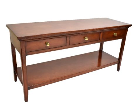 A reproduction mahogany side table with three frieze drawers and undertier shelf, length 150cm.Additional InformationDepth 50