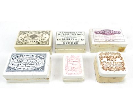 Six Victorian ceramic rectangular toothpaste jars and covers with varied transferred detail (6).Additional InformationVaried 