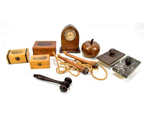 A mixed group of collectors' items comprising gavel, three Mauchline ware boxes, two ink blotters, a caddy modelled as an app