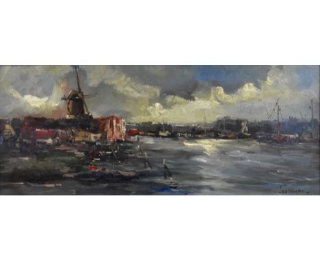 JED HEYDER; oil on panel, Dutch river scene with windmill, signed lower right, 17 x 42cm, framed.Additional InformationProven
