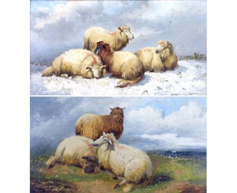 UNATTRIBUTED; a pair of oils on board, sheep in spring/summer and winter rural landscapes respectively, unsigned, 12.7 x 24.5