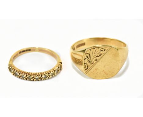A 9ct yellow gold gentleman's signet ring, size R, and a 9ct yellow gold half eternity ring, set with white stones, size K, c
