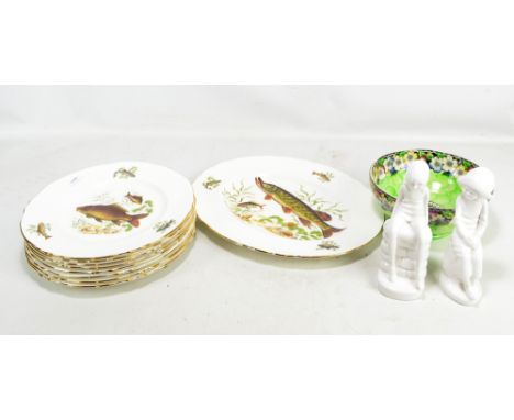 A small group of ceramics comprising Maling floral decorated bowl, Pall Mall fish decorated platter and plates and two Spode 