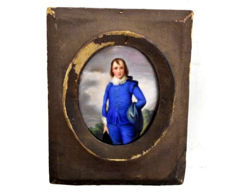 KPM; a 19th century hand painted portrait panel depicting a boy wearing a blue outfit in landscape scene, 8 x 6.5cm, signed K
