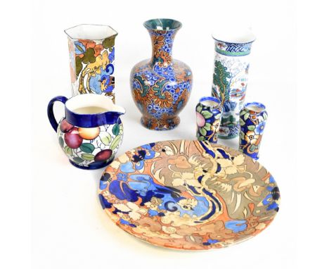 FREDERICK AND CHARLOTTE RHEAD FOR BURSLEY WARE; a group comprising 'Benares' baluster vase, height 27cm, jug and small pair o