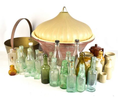 A collection of vintage glass bottles including Congleton and Buxton examples, stoneware jars with one stamped 'T Bayley Cong