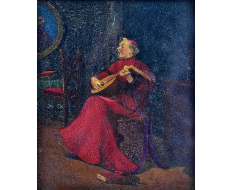 UNATTRIBUTED; small oil on panel, a Cardinal seated playing a lute, indistinctly signed, inscribed on old lot reference label