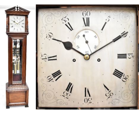 A 19th century mahogany cased longcase clock of architectural form, the square silvered dial with Arabic and Roman numerals w