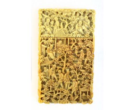 A 19th century Cantonese carved ivory card case, decorated with figures and temple scenes, 10 x 5.5cm.Additional InformationW
