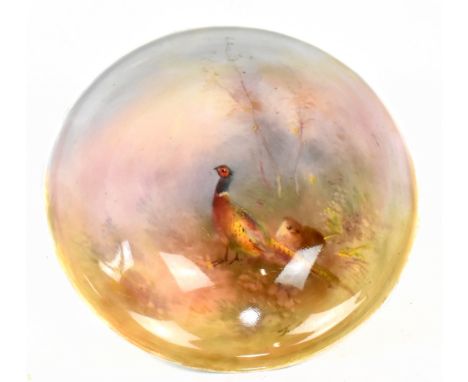 JAMES STINTON FOR ROYAL WORCESTER; a hand painted pedestal bowl decorated with pheasants in landscape, signed, factory marks 